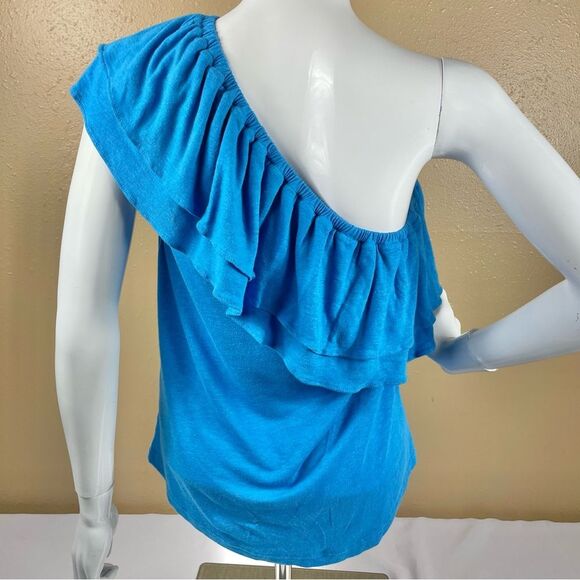 Lauren Ralph Lauren Blaze Ocean Linen Blend Ruffle One Shoulder Top Women’s Sz L - Picture 5 of 11